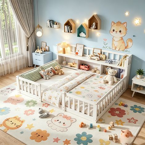 JOOKGBD-Letto Montessori per bambini 140x200cm con barriere di sicurezza, letto in legno massello con mensole laterali a 3 scomparti aperti, per bambini dai 3 ai 12 anni, legno massello, bianco