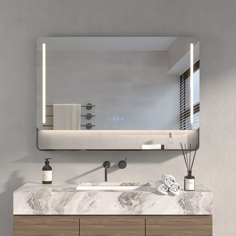 Badezimmerspiegel mit Regal 100 x 70 cm Badspiegel mit Beleuchtung Antibeschlag Wandspiegel Rechteckiger Lichtspiegel Dimmbar Touchschalter LED (1/5)
