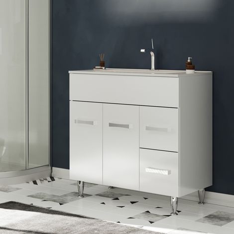 Saniverre – Meuble salle de bain sur pieds avec vasque simple céramique blanche L. 80 cm – 2 portes battantes et 2 tiroirs coulissants – Finition brillante