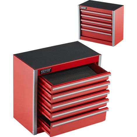 VEVOR Boite a Outils Metal, 218 mm, Caisse a Outils Acier Portable avec 5 Tiroirs, Petit Coffre Outillage, Doublure EVA, Patins PP, Ouverture a Roulement a Billes, Finition Revetement en Poudre, Rouge