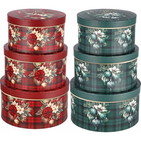 Regalo Italiano Set 3 Scatole Tonde di Natale Cartone Ass. Rosso o Verde 1 Pz