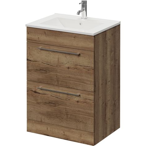 Napoli 460 Tobacco Oak 600mm 2 Drawer Vanity Unit with Angel Basin - 600mm - Chrome 320mm Handle