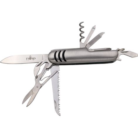 Couteau multifonctions Third manche en aluminium 10011 avec lame inox cm, 11 fonctions. Avec housse en nylon.