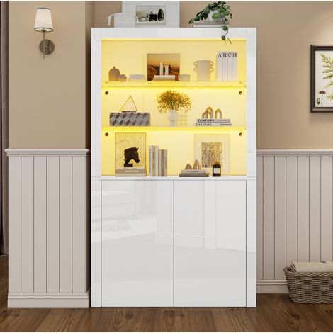 Vetrina 100x35x170 cm bianca in MDF con LED, vetro temperato, doppio vano e finitura lucida (1/5)