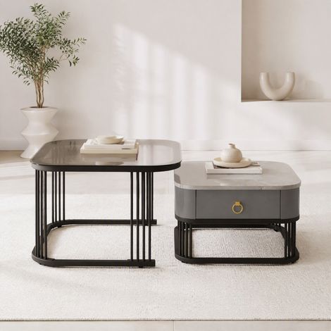 Stapelbarer Couchtisch: hochglänzende Marmoroptik und Glasplatte, schwarze Beine, Beistelltisch mit Schubladen im 2er-Set (1/5)
