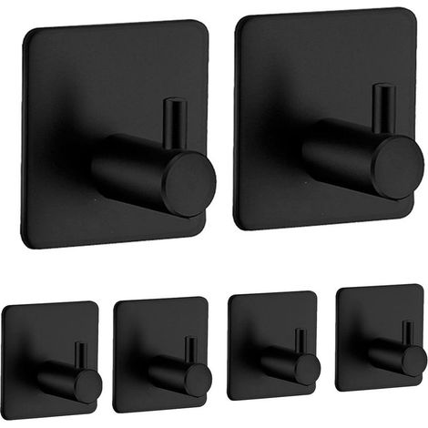 Lot de 6 crochets porte-serviettes muraux autocollants sans perçage en acier inoxydable, idéal pour salle de bain, toilettes, cuisine, bureau (noir) (1/5)