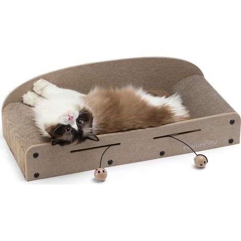 Grattoir pour Chat de 66 cm en Carton Durable, Grande Chaise Longue, Meubles pour Chat, 2 Griffoirs Réversibles pour Chats d'Intérieur, Lit Recyclable en Carton avec Balle Cloche, Beige (1/5)
