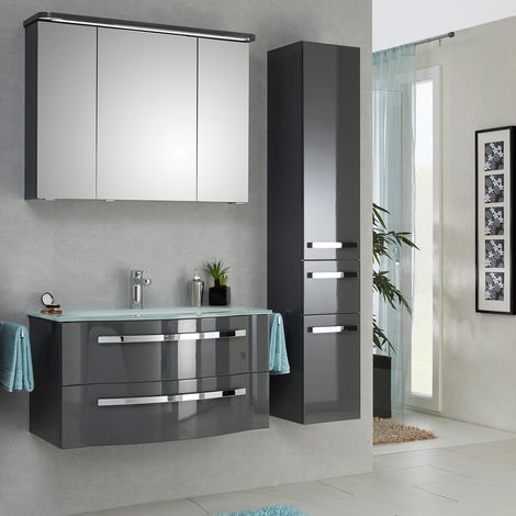 Badmöbel Set mit Glaswaschtisch und LED-Spiegelschrank FES-4005-66 in Quarzgrau lackiert,  B/H/T: 137/200/49,1cm (1/5)