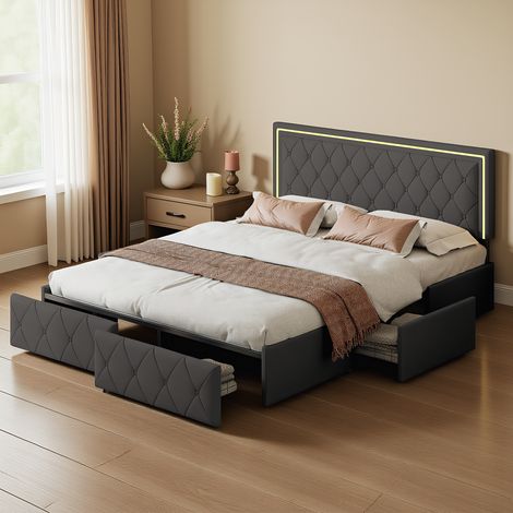 Polsterbett 160x200 cm, Doppelbett mit LED-Beleuchtung, Modernes Jugendbett mit 4 Schubladens, Bettgestell mit Kopfteil und Lattenrost, PU Grau, Ohne Matratze (1/5)