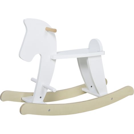 Cheval à bascule en bois MDF blanc et bois naturel avec poignées, repose-pied et butées