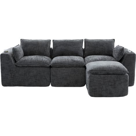 Canapé modulaire 3 places + pouf, avec coussins, porte-gobelets et 2 poches latérales. Avec un rembourrage en mousse et ressorts intégrés. Idéal pour le salon et des espaces similaires (tissu velours (1/5)