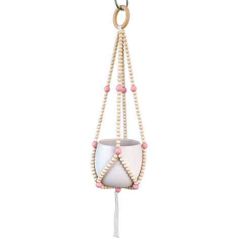 Support Plante Suspendu - Cercle En Bois Avec Perles Bois 16 mm - Pour Intérieur Et Extérieur - Hauteur 62 cm - 1 Pièce (1/5)