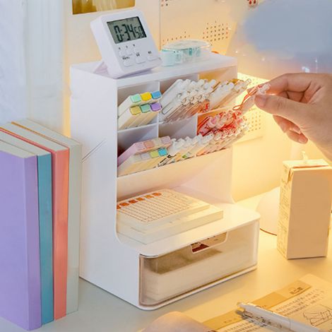 Schreibtisch-Aufbewahrungsbox mit mehreren Fächern, Stifte- und Utensilienhalter mit Schublade, Kunststoff-Schreibwarenorganizer, transparente Schublade (1/5)