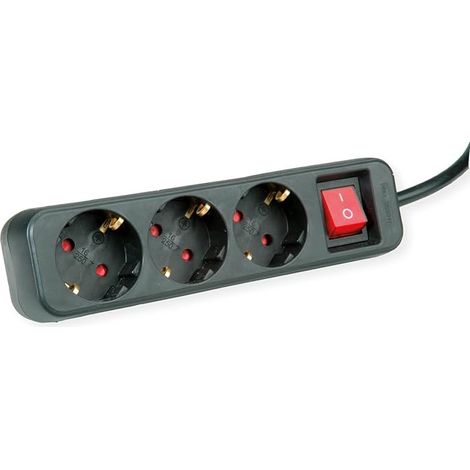 ROLINE BLOC MULTIPRISE 3 PRISES AVEC INTERRUPTEUR  CONTACT DE PROTECTION  BARRE D'EMBOÎTEMENT  NOIR  3 M (1/3)