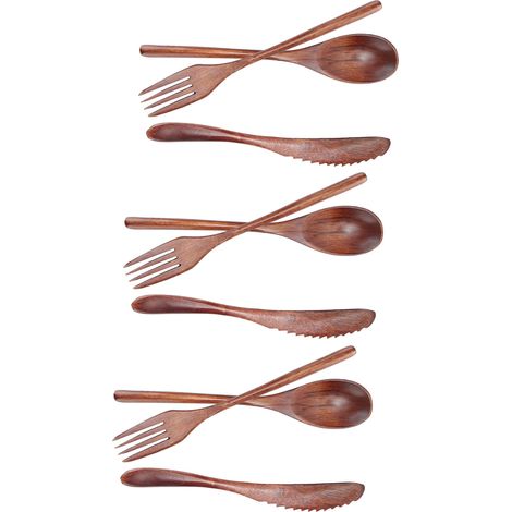3-teiliges Küchenbesteck-Set aus Holz (Gabel, Löffel, Messer) für Zuhause, Café und Restaurant (1/5)