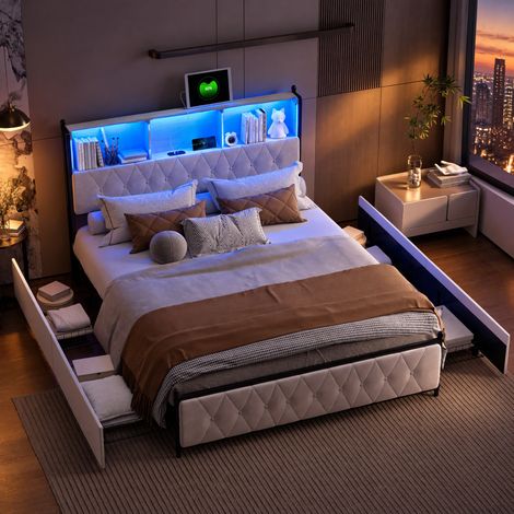 JOOKGBD-Letto Matrimoniale con Contenitore 140x200 cm, Letto Imbottito con 4 Cassetti e LED, Ricarica USB e Type-C, Rete a Doghe, Letto per Adulti e Adolescenti, Velluto, Beige