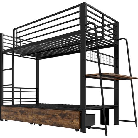 CHICFURN Litera metálica 90x200 cm con escritorio, LED de color regulable por app, cajones de almacenaje y estructura robusta, negro, 250 kg por nivel (1/5)