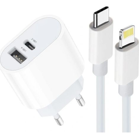 Chargeur rapide pour iPhone, double port USB-C, adaptateur secteur avec câble de charge blanc (1/5)