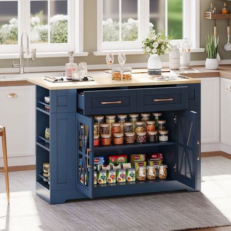 Îlot de cuisine 120 cm plateau pliable chariot de cuisine rangement ouvert prise ac port usb porte vitrée étagère réglable en (1/5)