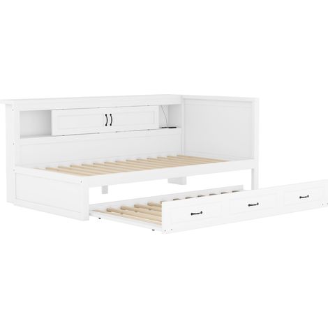 Lit simple 90x200 cm daybed blanc avec led, tiroir rangement, lit gigogne et usb, sans matelas