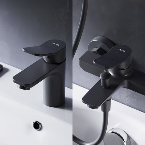 Mitigeur mécanique de baignoire Robinet Salle de Bain Noir Mat et Robinet de lavabo, F428XA39 AM.PM X-Joy