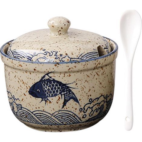 Sucrier en céramique, sucrier avec couvercle et cuillère, pots à épices en céramique, pot à épices avec couvercle pour sucre, sel, fromage, épices (1/5)