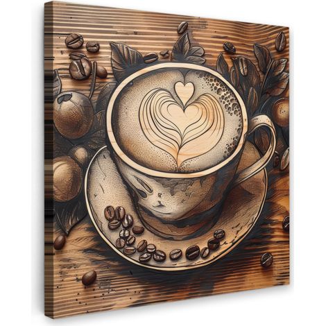 TABLEAU SUR TOILE Café - Vintage - Marron - Tasse - Bois Tableau Chambre Adulte 90x90 cm