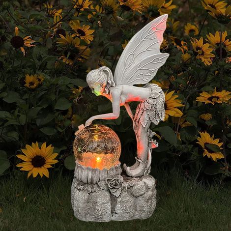 Ornements féeriques en forme de fleurs, statues de boules de cristal pour jardin, décorations lumineuses solaires artisanales en résine