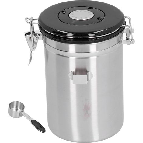Boîte de conservation à grains de café en acier inoxydable avec valve d'évacuation, récipient hermétique avec cuillère argentée (1/5)