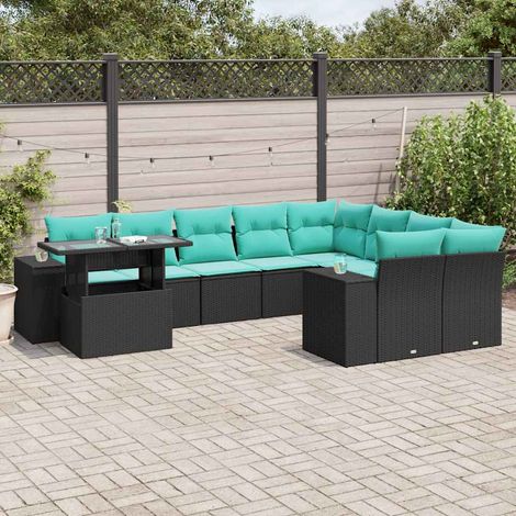 10-teiliges Gartensofa-Set mit Kissen, schwarzes Polyrattan (1/5)
