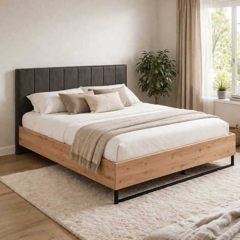 Cama Doble Cerrada, Cabecero Acolchado, Acolchada, Tamaño del Colchón 160x200 cm, Roble Marrón con Nudos (1/5)