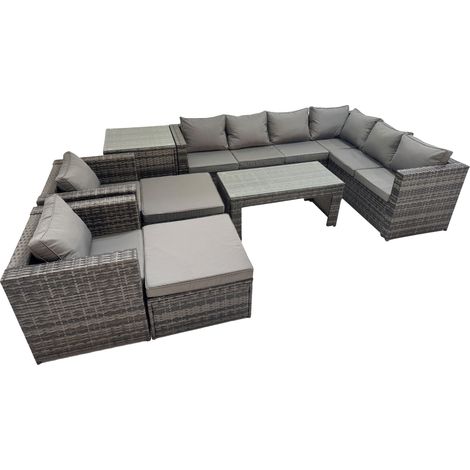 Fimous Outdoor Rattan Oblong Coffee Table Corner Sofa Sets Garden Furniture Set with 2 Chairs 2 Big Stools Side Table Dark Grey Mixed (1/5)