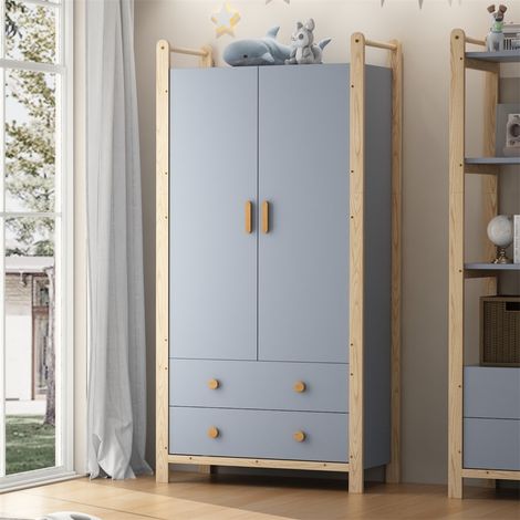 Armadio guardaroba - H180xL90xP45 cm - 2 ante con asta appendiabiti e 2 cassetti, stile moderno, struttura in legno - Blu e naturale (1/5)