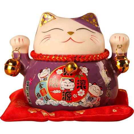 Tirelire Chat Porte-Bonheur 11,5 cm, adorable et raffinée, en céramique violette, symbole de chance et de prospérité. Décoration de bureau. (1/5)