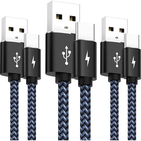 3er-Pack USB-Typ-C-Kabel [1 m + 1 m + 2 m] USB-C-Schnellladekabel, geflochtenes Nylonkabel, kompatibel mit Samsung S20, S10, S9, S8, Note 10, Huawei, Sony, LG und anderen USB-C-fähigen Geräten