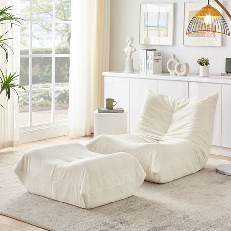 Canapé paresseux avec dossier et repose-pieds, fauteuil relax, pouf de lecture au sol en teddy doux, confortable canapé de sol individuel pour salon, chambre, bureau, appartement, beige (1/5)