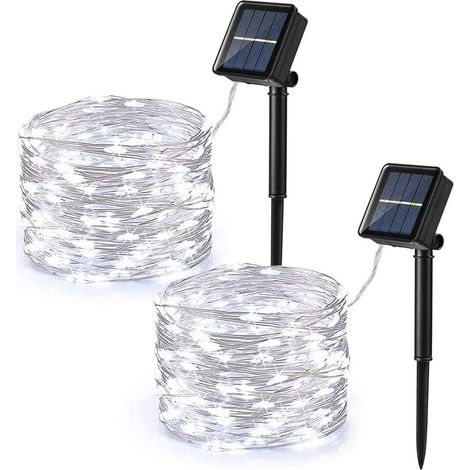 [Lot de 2] Guirlande lumineuse solaire d'extérieur, 12 m, 100 LED, 8 modes, étanche, blanc froid (1/5)