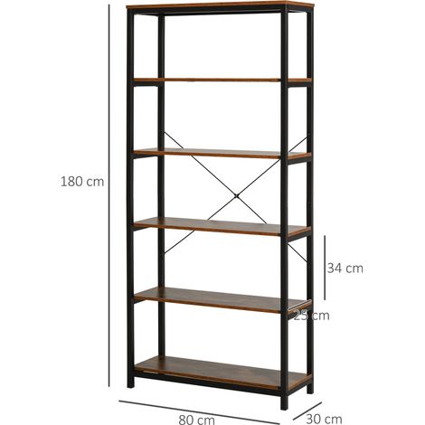 Bibliothèque verticale de style industriel vintage, design gain de place, comprenant 6 étagères, en bois noir et métal, 80 x 30 x 180 cm (1/5)
