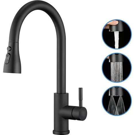Robinet de Cuisine Noir Mat 201 Inox Chaud et Froid 3 Modes Jet Pommeau Pivotant 360° Flexible Inclut Tuyaux Installation (1/5)