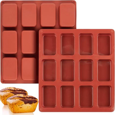 2PCS 12-Cavity Silicone Mini Loaf Pan, Mini Brownie Baking Tin, Mini Bread Baking Moulds, Small Loaf Baking Tray for Mini Bread, Brownie, Cornbread, Cheesecake, Chocolate (1/4)