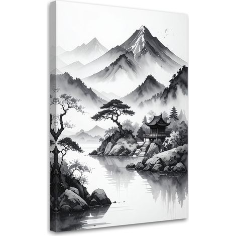 Wandbild Japanische Landschaft gemalt mit Tinte 40x60 cm (1/5)