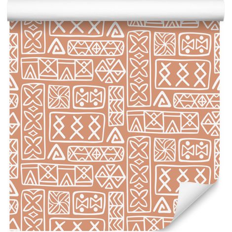 Carta da parati con motivo geometrico polinesiano, color crema e pesca, 50x1000 cm (1/5)