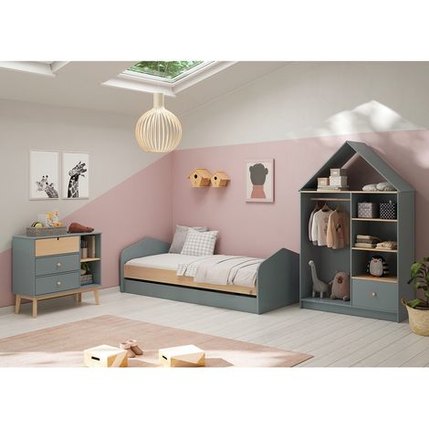 KAINA - Chambre 90x200cm avec Commode 3T et Dressing Cabane Coloris Gris et Naturel (1/5)