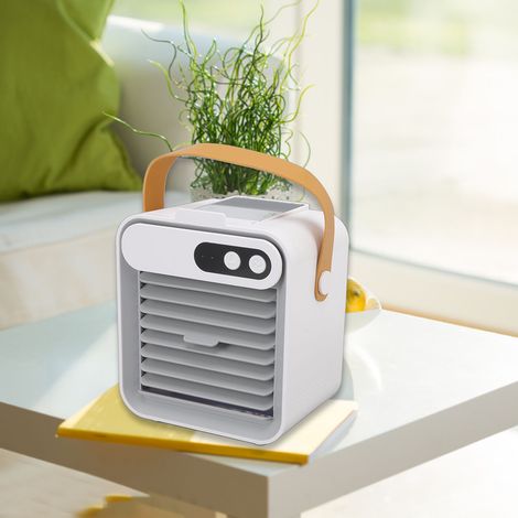 Mini climatiseur de bureau 3 vitesses à ventilation puissante, multifonctionnel, avec miroir et support pour téléphone portable, blanc. (1/5)