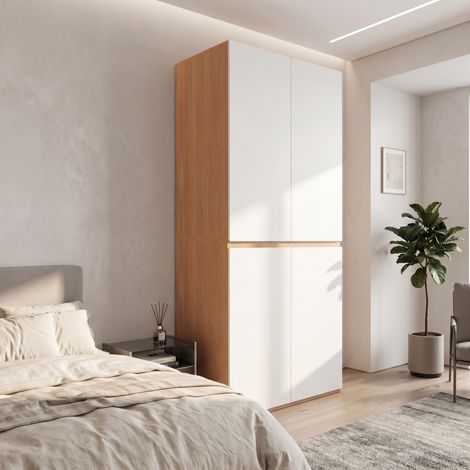 Armoire 200 cm 4 portes avec tiroir à bijoux, penderie et rangements multiples, meuble moderne en MDF et panneaux de particules, effet chêne et Blanc (1/5)