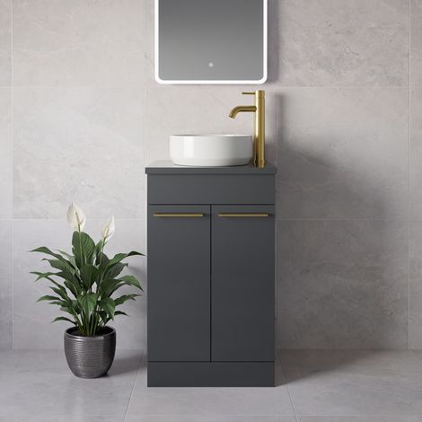 Napoli 390 Gloss Grey 500mm 2 Door Vanity Unit for Countertop Basins - 500mm - Brushed Brass 160mm Handle