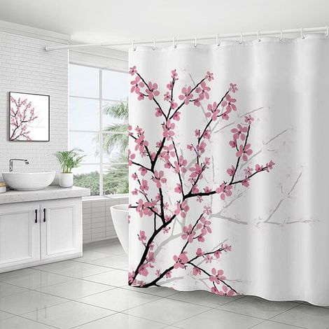 Juego de cortina de ducha con estampado de flores de cerezo, 180 x 180 cm, impermeable y resistente al moho, no requiere instalación.