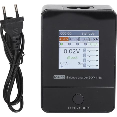 Chargeur d'équilibrage RC M4AC, écran IPS 1,54 pouces, AC 100-240V noir, pour batteries Lipo LiHV LiFe 1-4S, prise EU, câble XT30 inclus. (1/5)