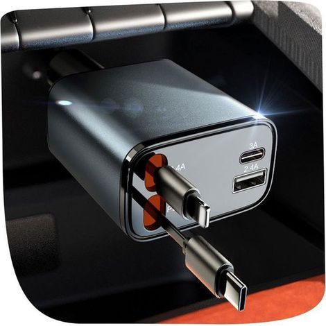 69W Chargeur Voiture, avec Câble Rétractable 4 en 1 Allume Cigare pour iPhone 16 15 14 13 Pro Max, iPad, Galaxy S23, Gris (1/4)