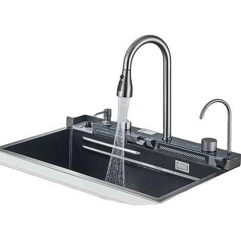 Évier de cuisine, matériau en granit, robinet intégré et distributeur de savon, Noir (1/5)